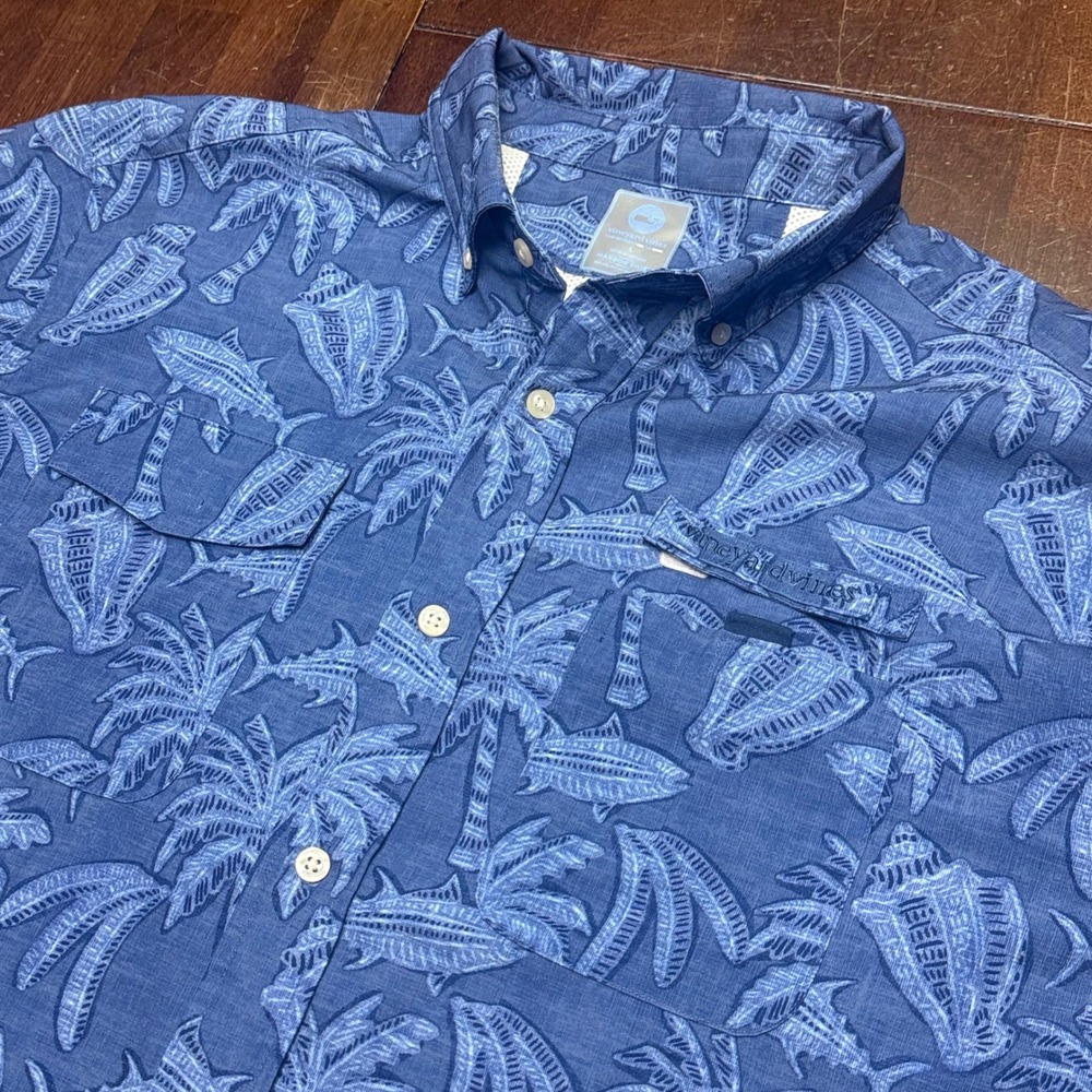 Vineyard Vines Harbor Shirt Mens Large Blue Fishing Palm Tree Performance
